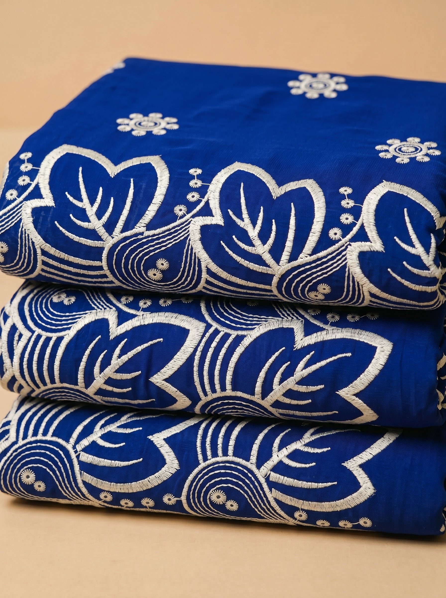 Classic butta embroidery on rich royal blue Swiss voile