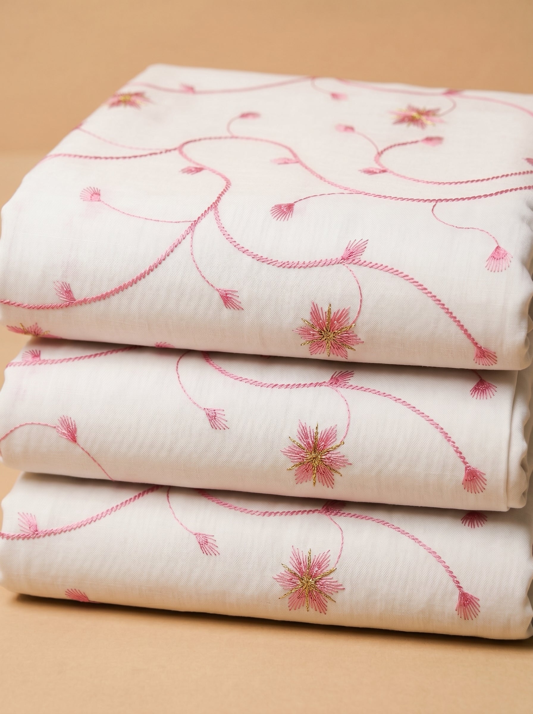Soft floral vines embroidery on pure white cotton