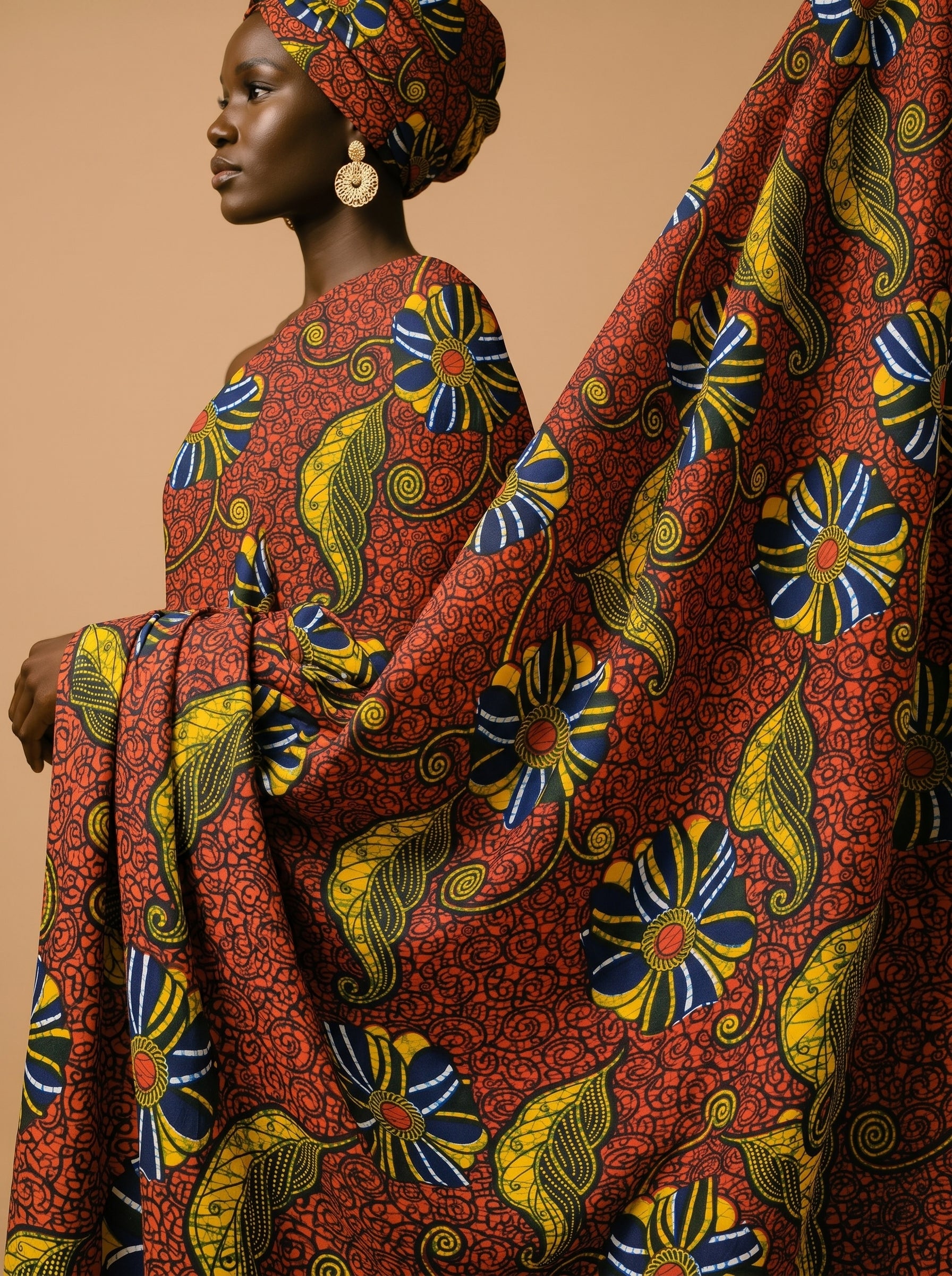 Bold floral wax print on rich red
