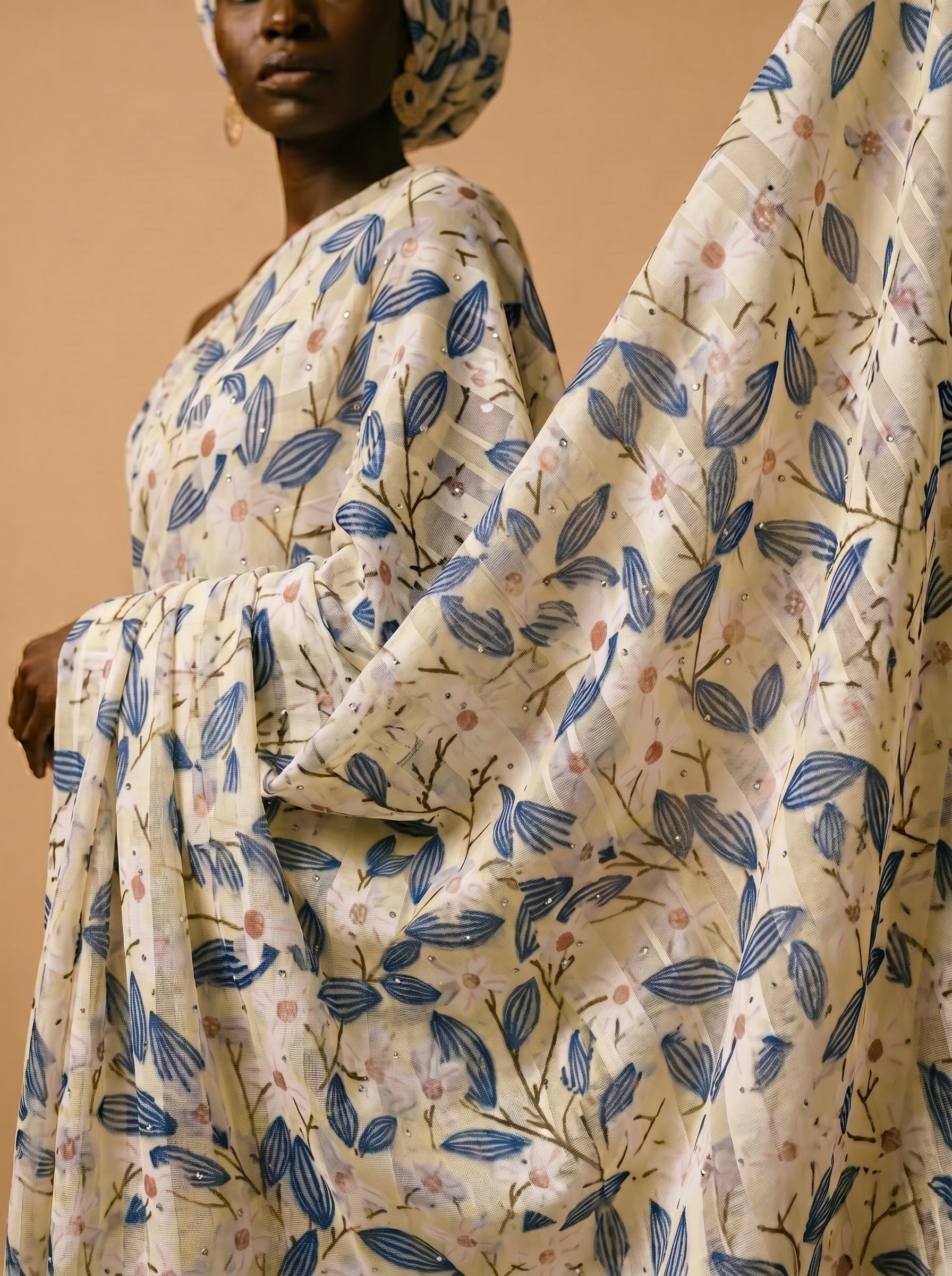 Muted floral-leaf print with soft elegance