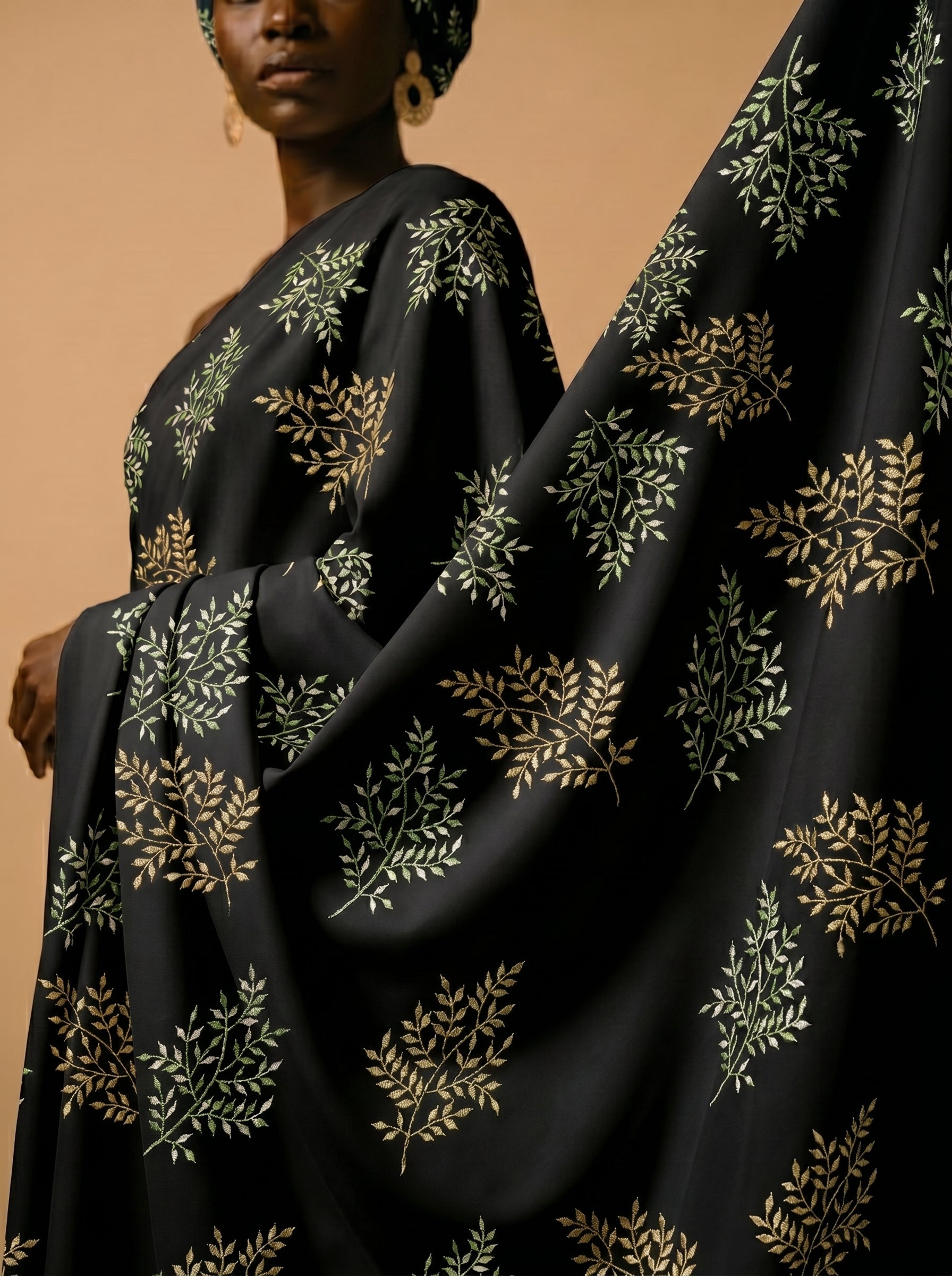 Soft leafy embroidery on deep black voile