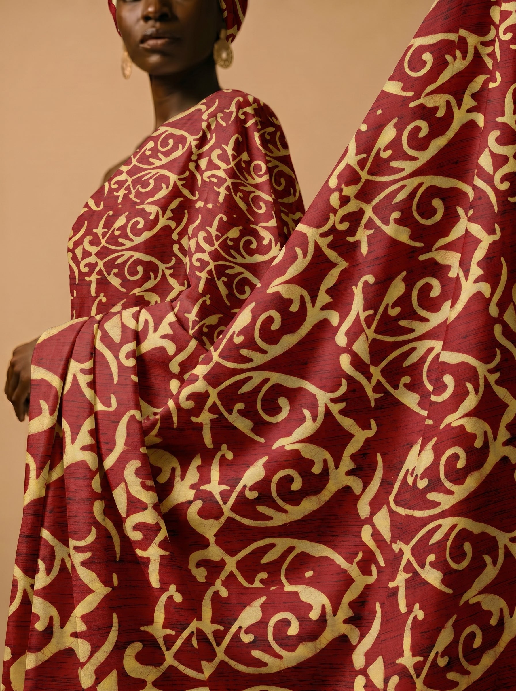 Earthy batik swirls on rich maroon