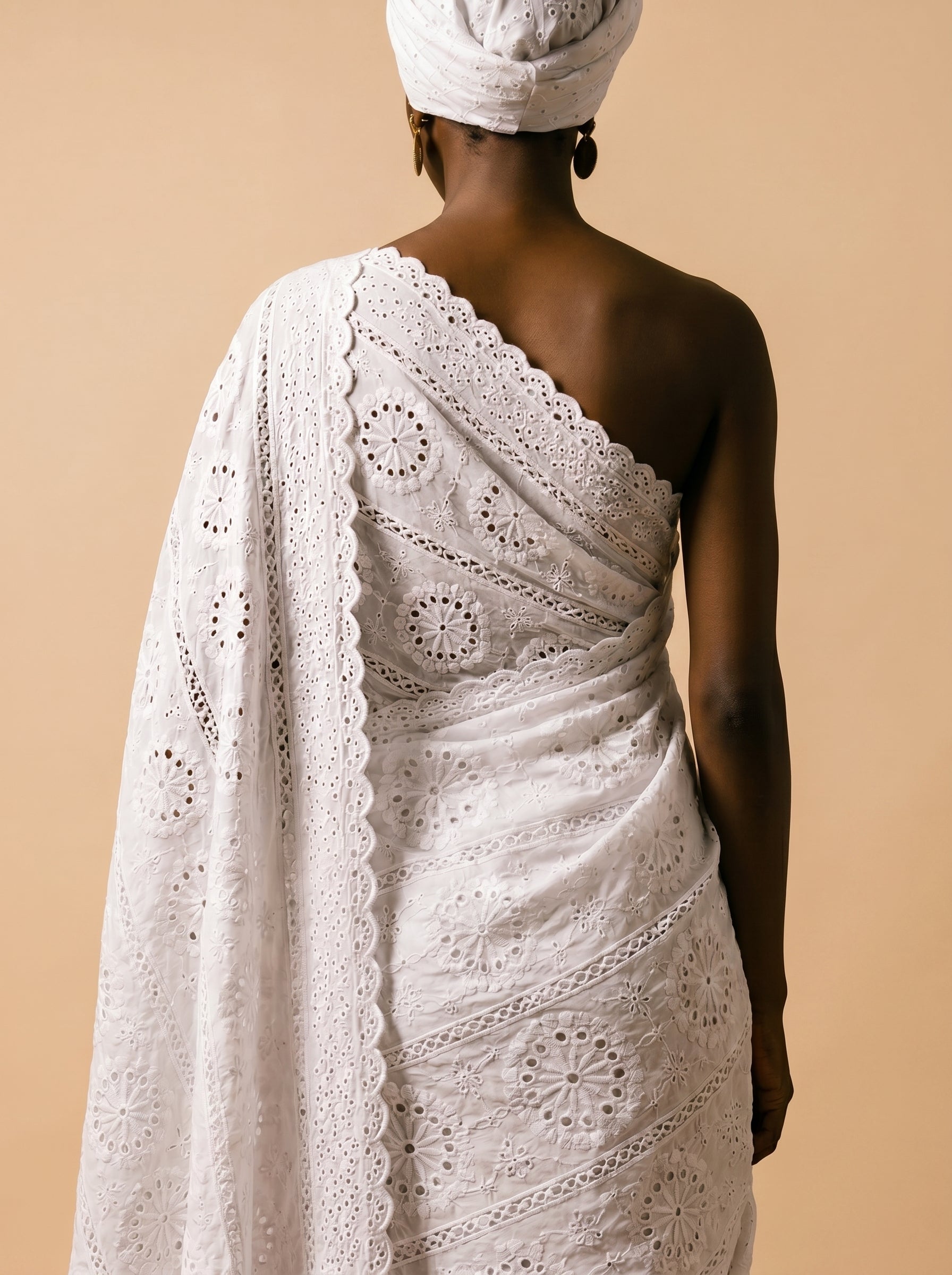 Premium 100% Cotton Chicken fabric featuring delicate cutwork embroidery and scalloped edges