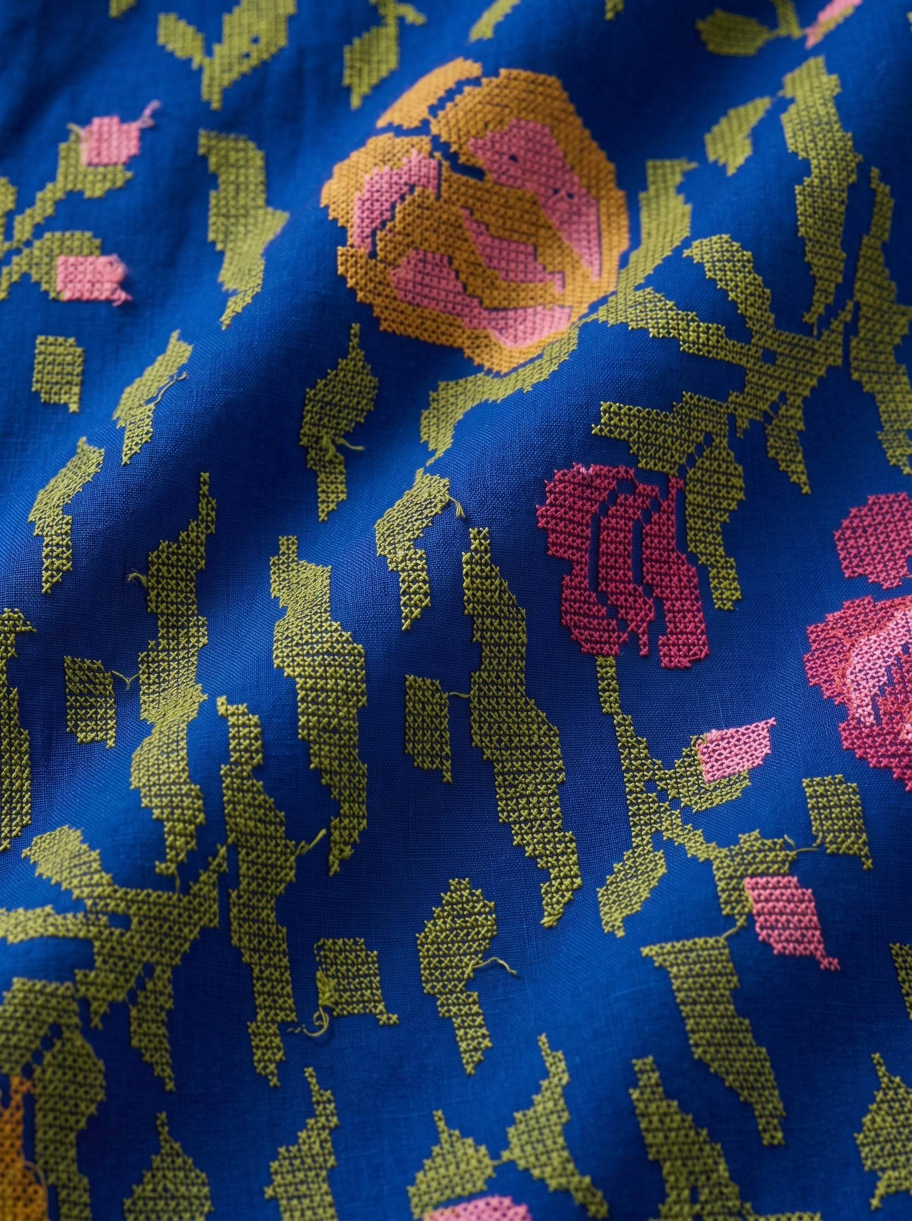 Royal blue threadwork fabric with classic detailing