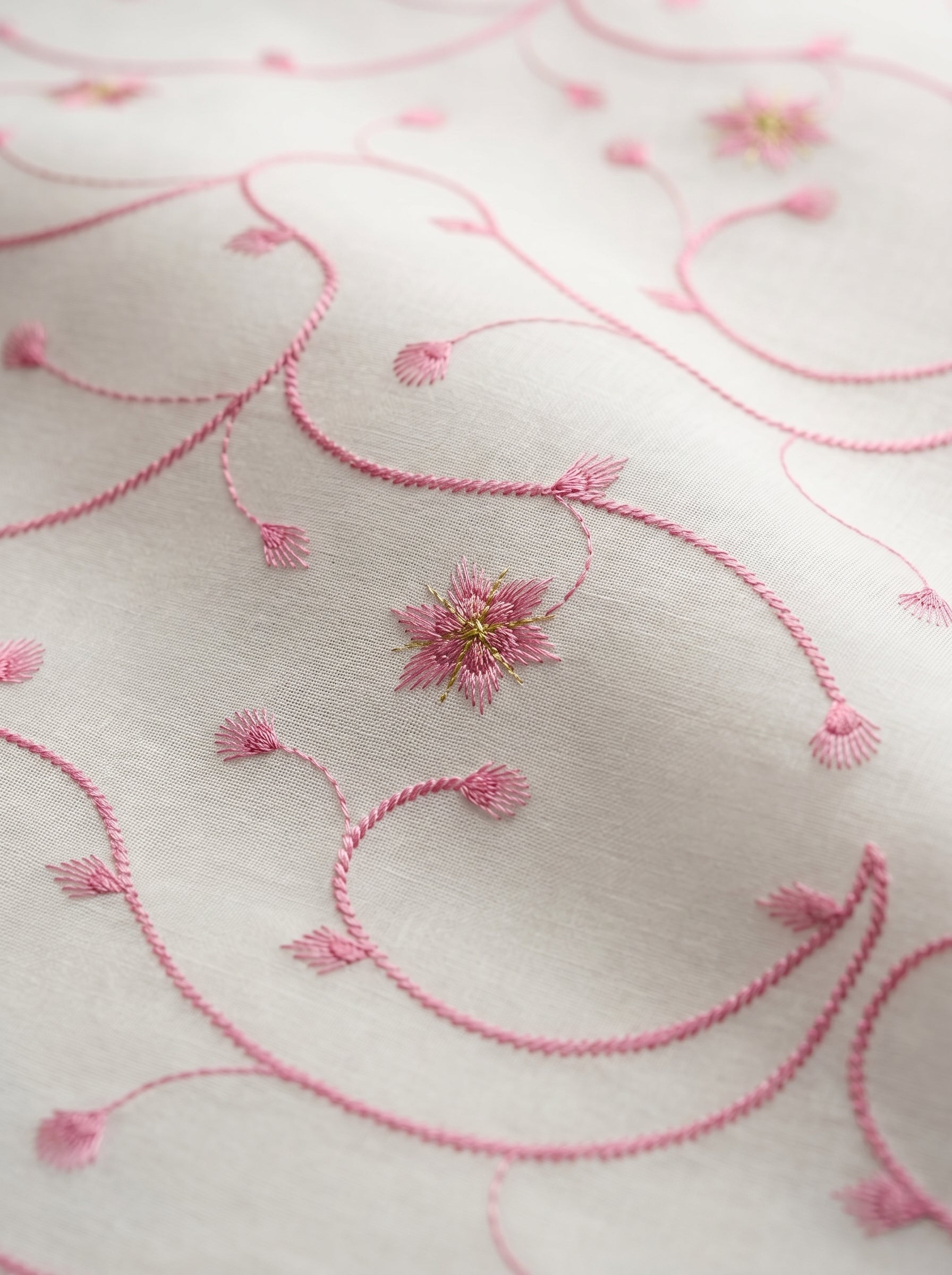 Soft floral vines embroidery on pure white cotton