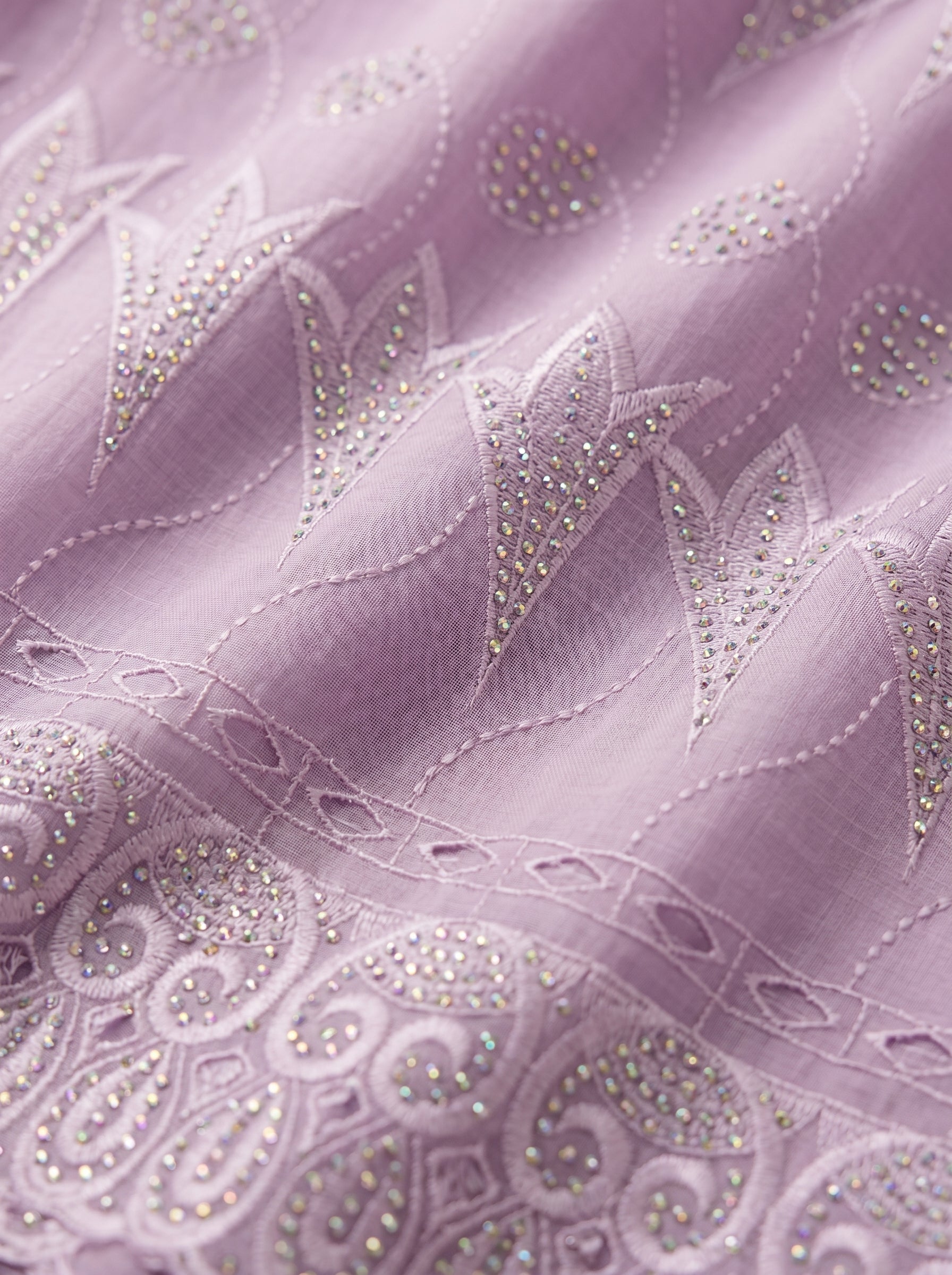 Graceful and glimmering unstitched Swiss Voile from the Lavender Luxe Collection, featuring lush lilac tones