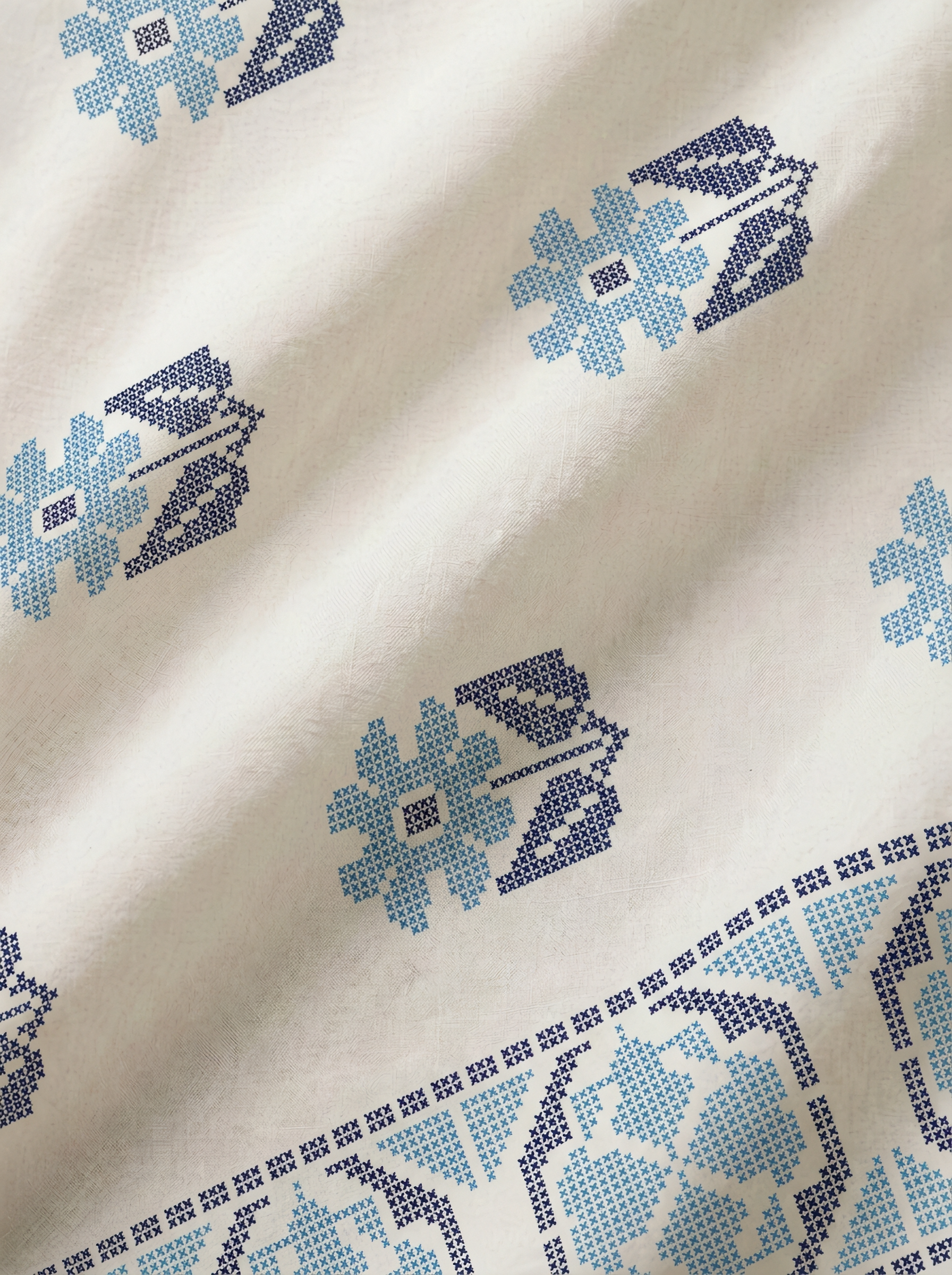 Serene blue prints on pure white