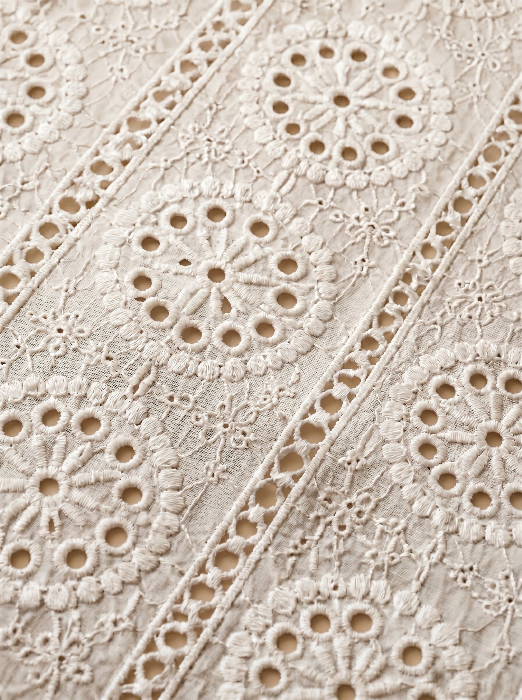 Premium 100% Cotton Chicken fabric featuring delicate cutwork embroidery and scalloped edges