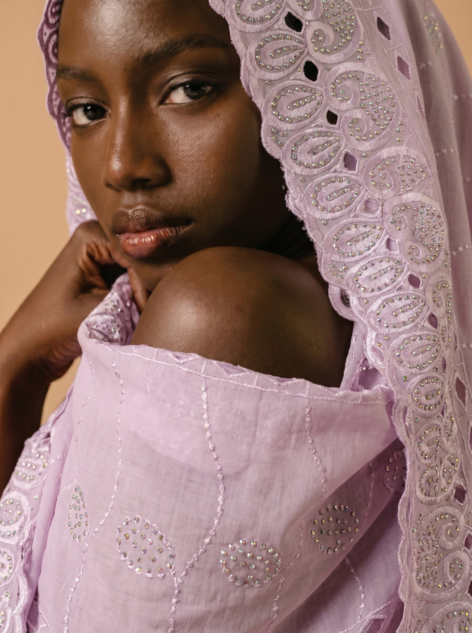 Graceful and glimmering unstitched Swiss Voile from the Lavender Luxe Collection, featuring lush lilac tones