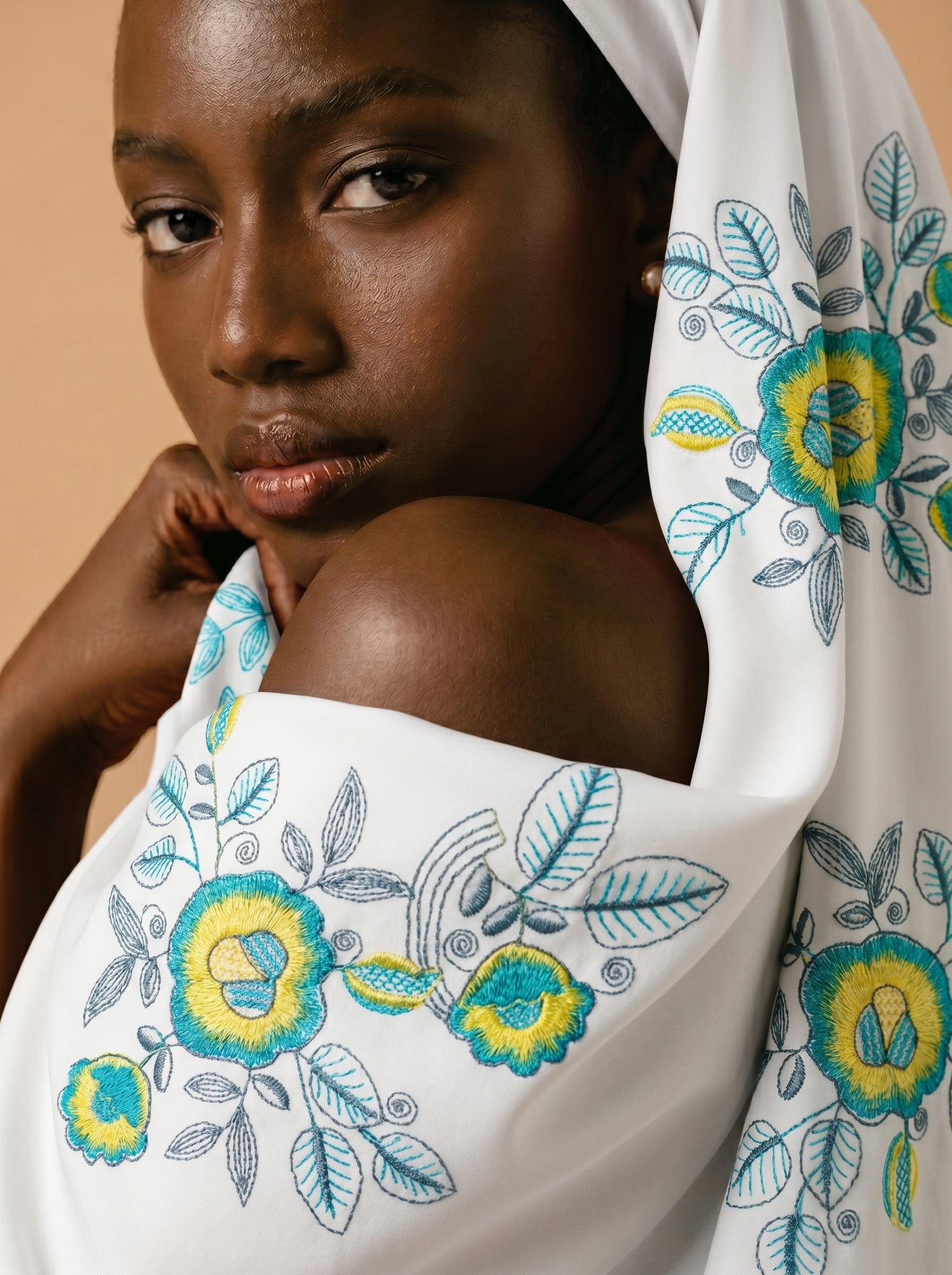 Cool-toned floral embroidery