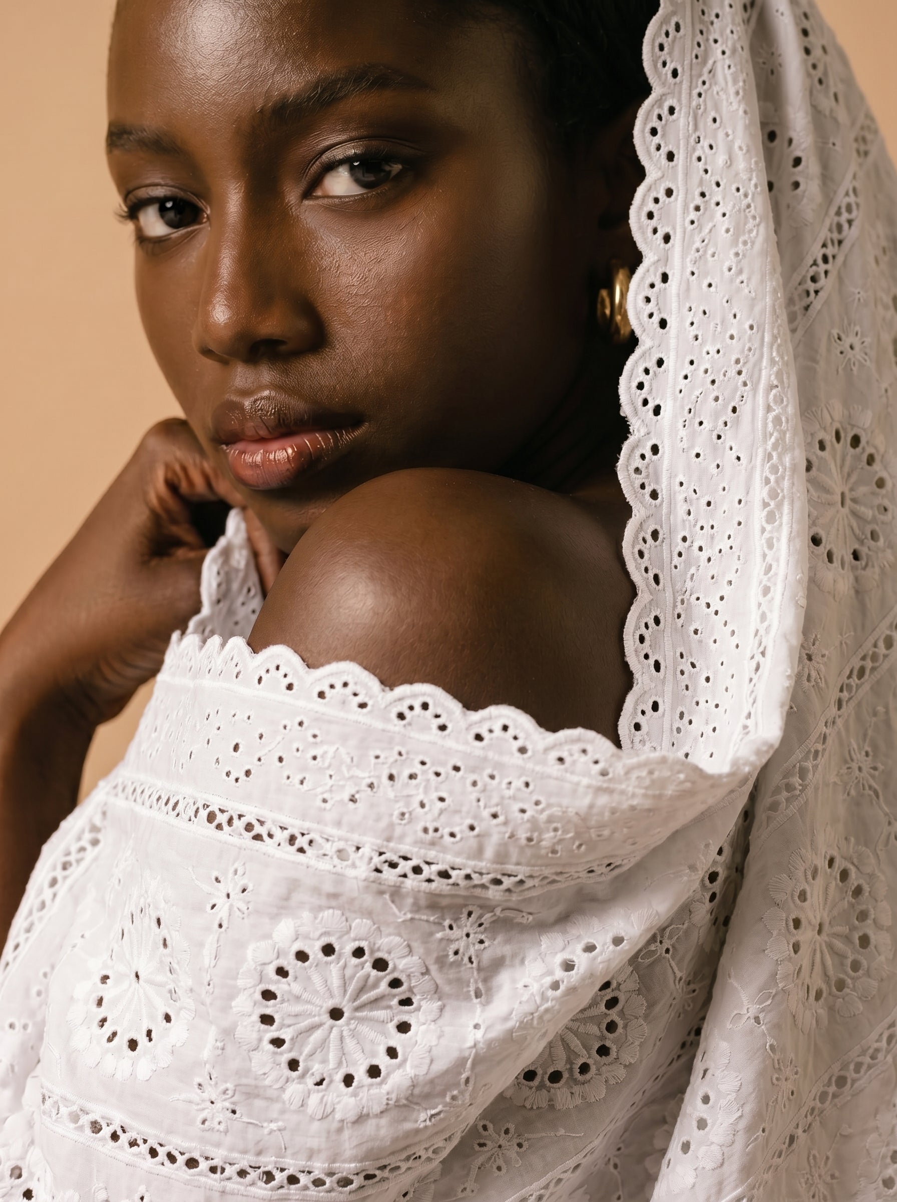 Premium 100% Cotton Chicken fabric featuring delicate cutwork embroidery and scalloped edges