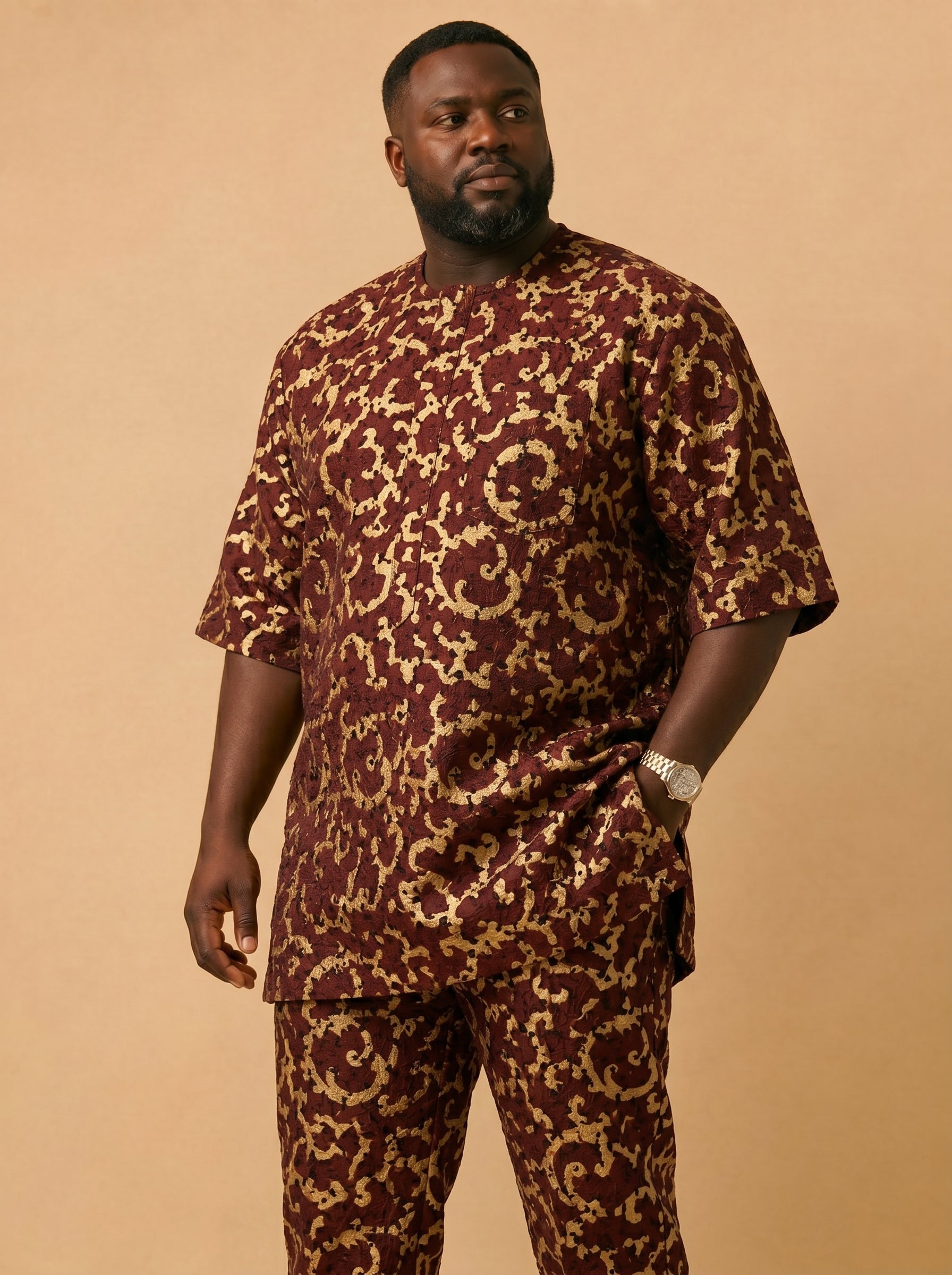 Earthy batik swirls on rich maroon