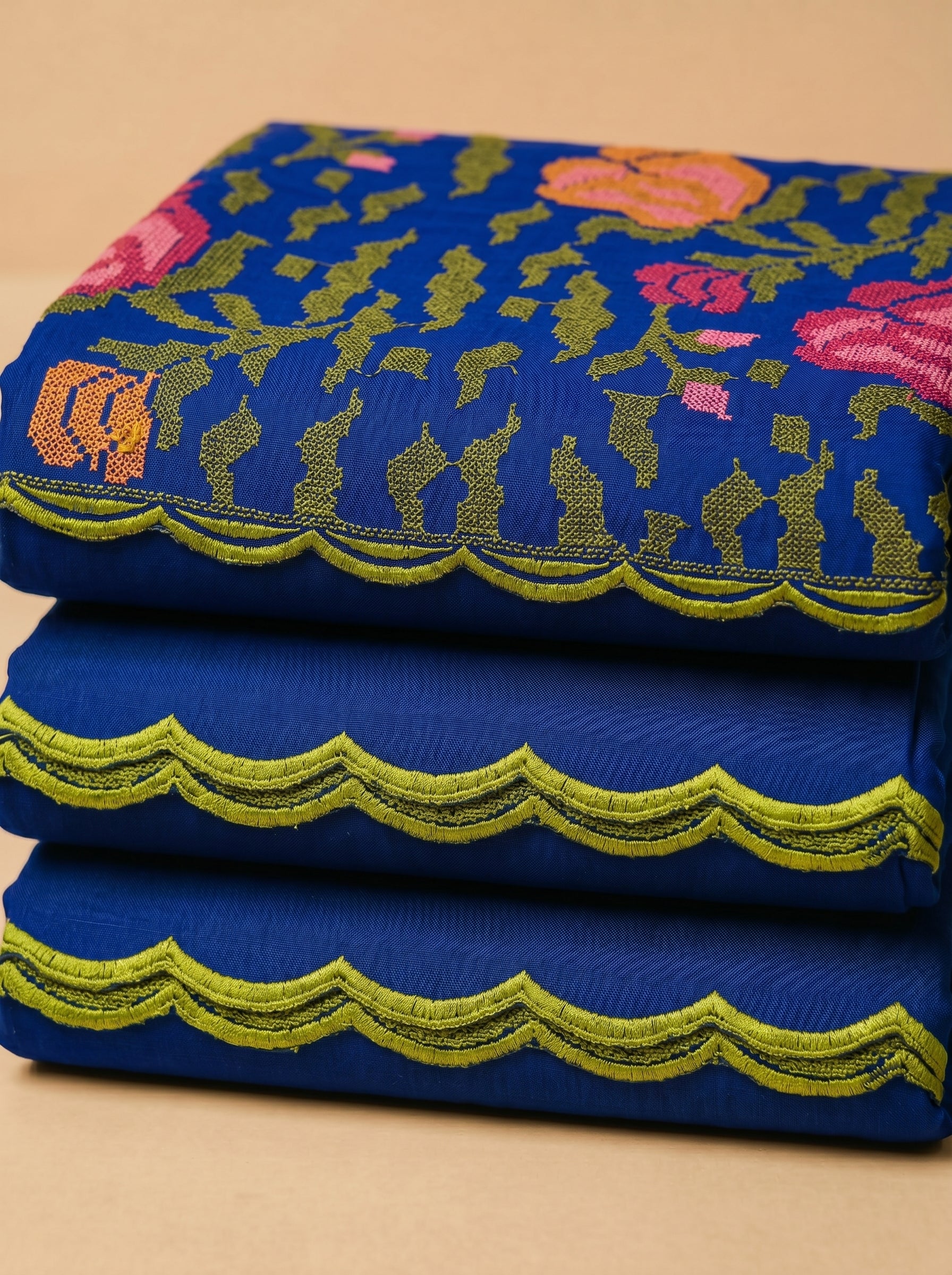 Royal blue threadwork fabric with classic detailing