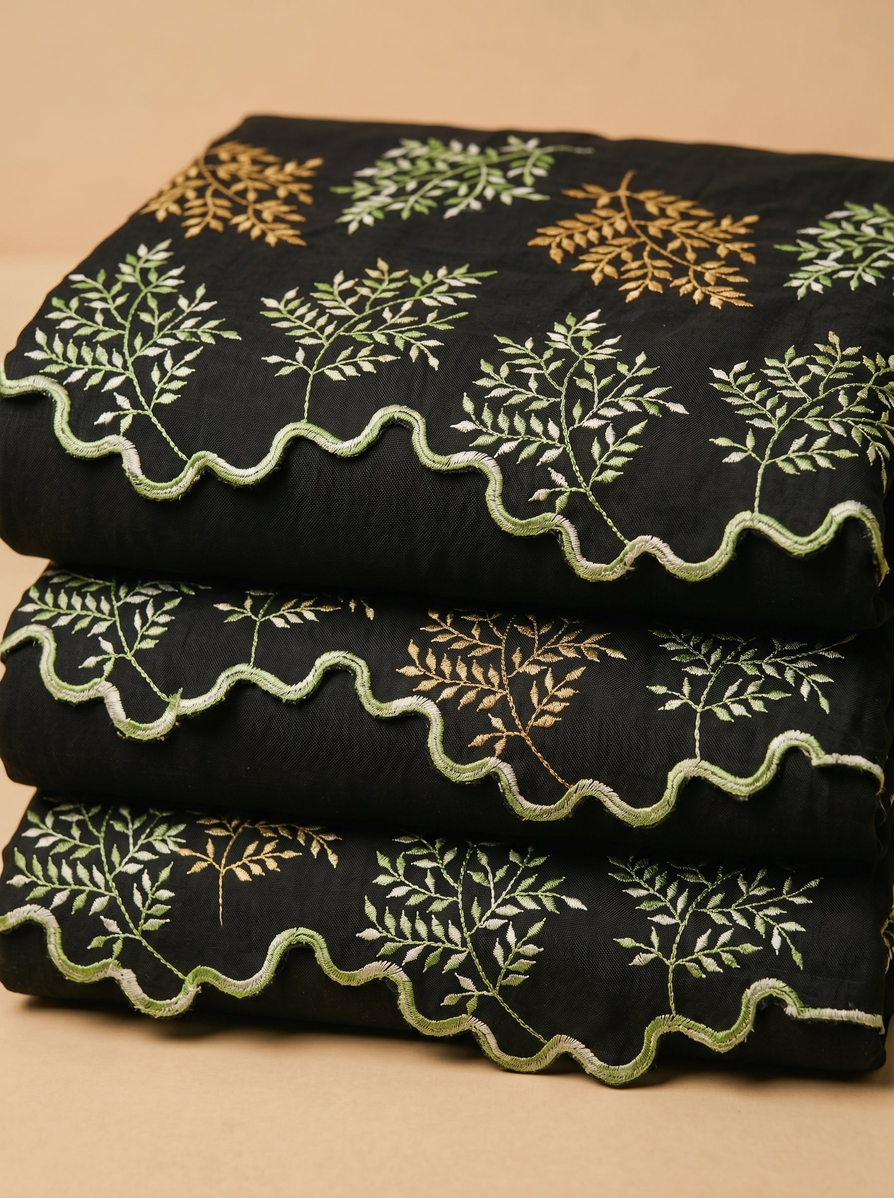 Soft leafy embroidery on deep black voile