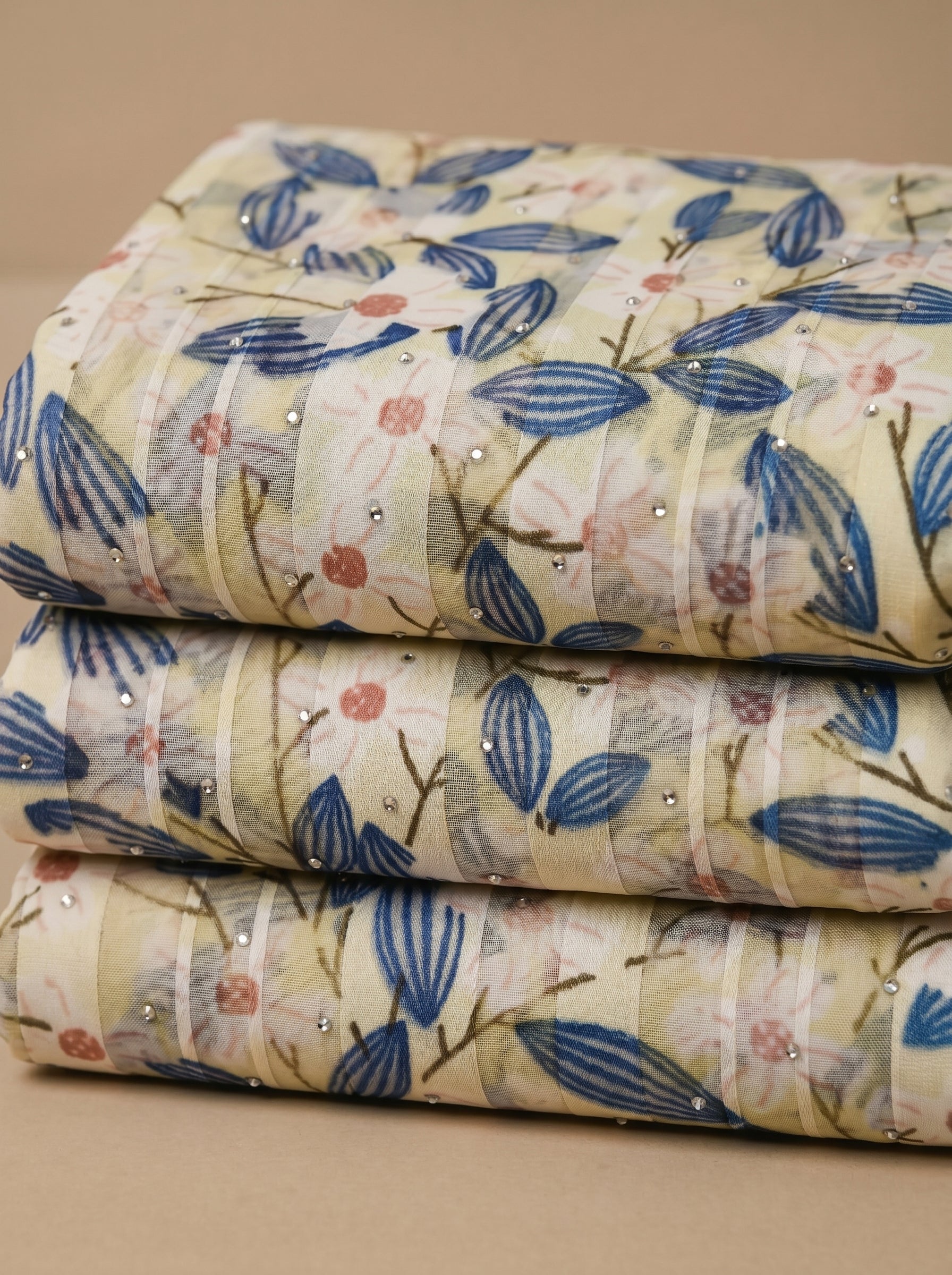 Muted floral-leaf print with soft elegance