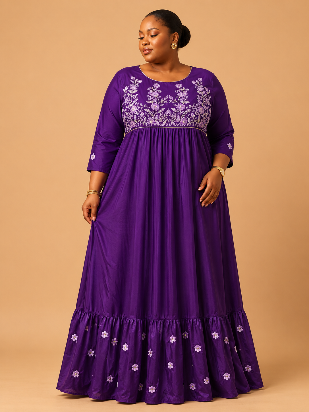 Delicate floral embroidery on a rich royal purple base