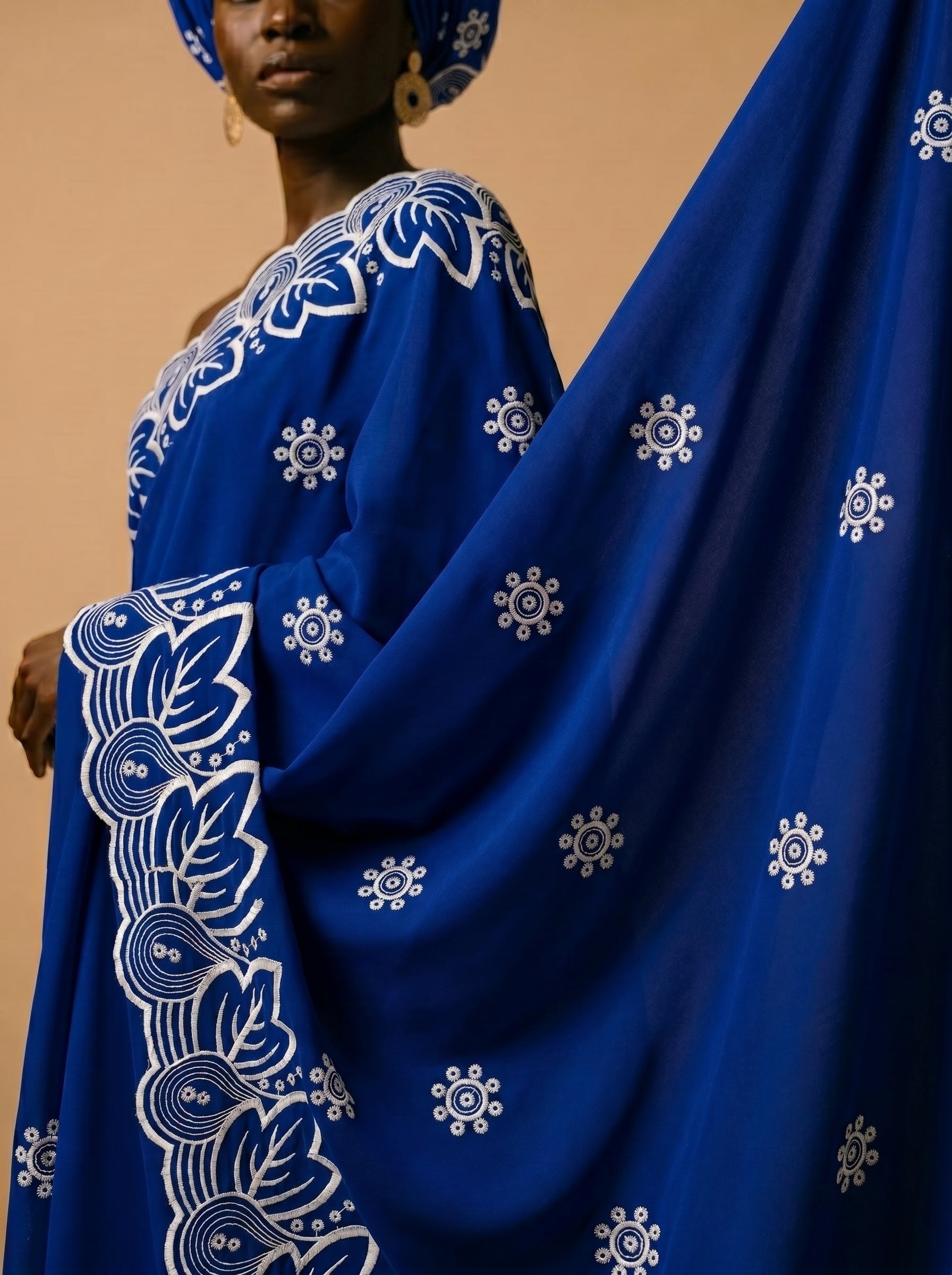 Classic butta embroidery on rich royal blue Swiss voile