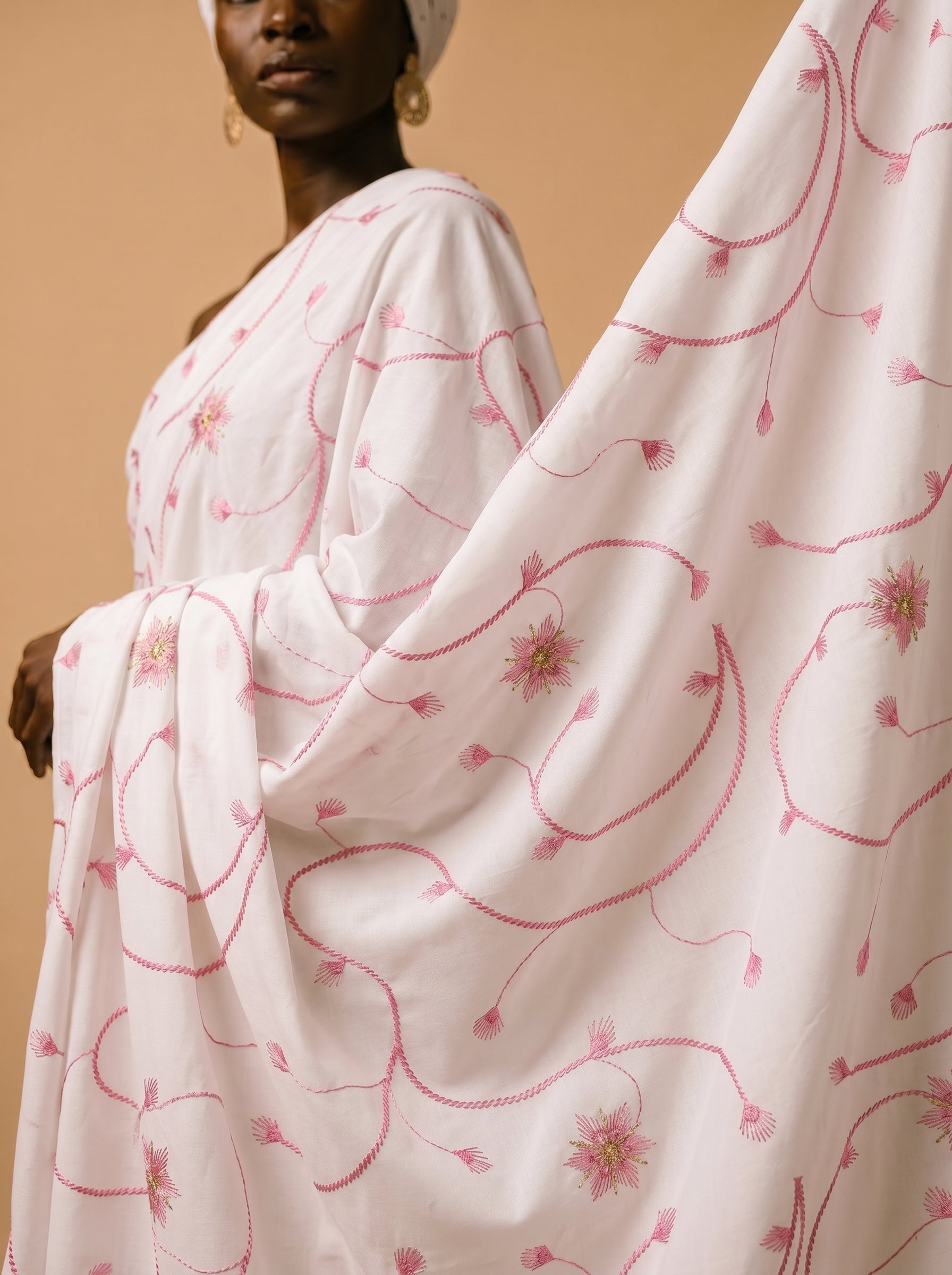 Soft floral vines embroidery on pure white cotton