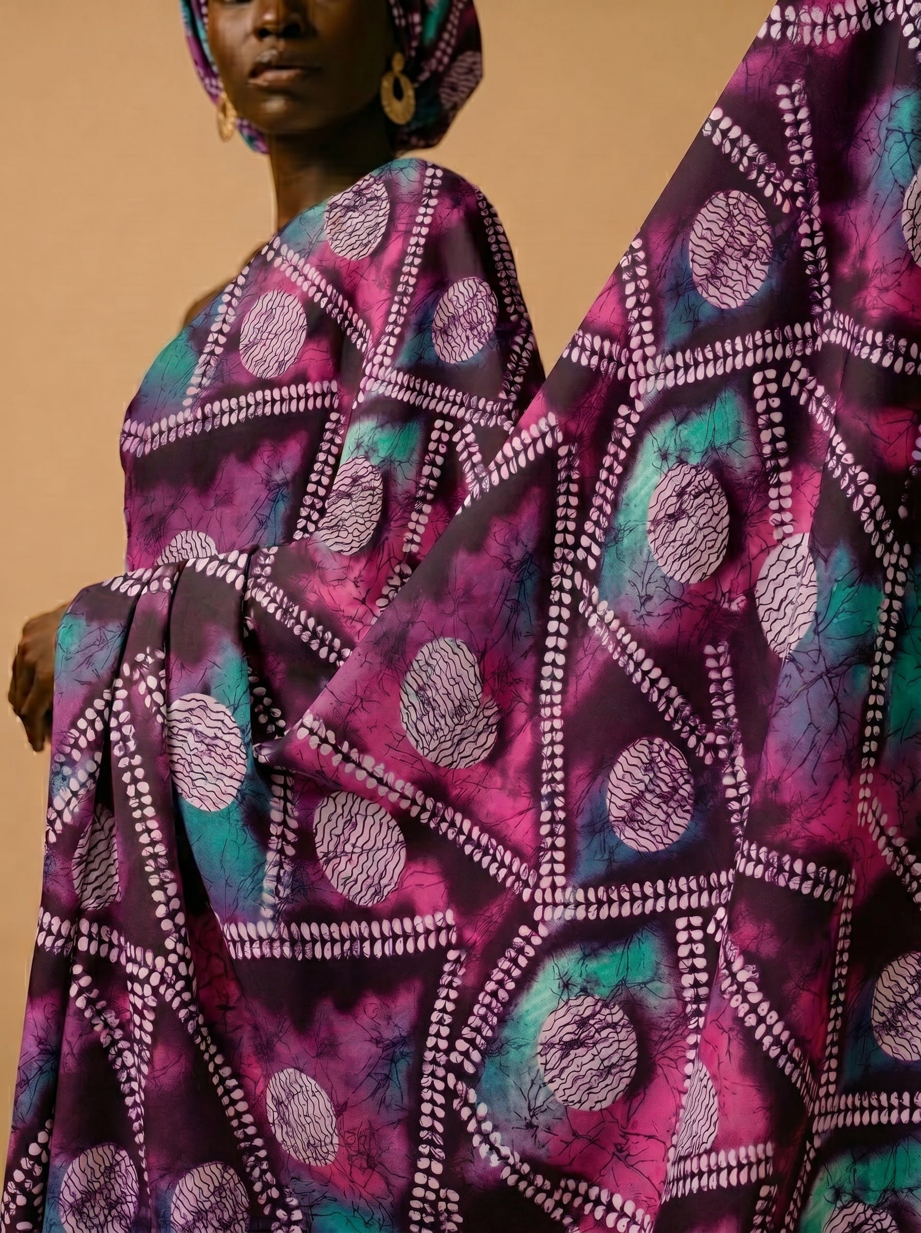 Bold batik abstract on rich satin finish