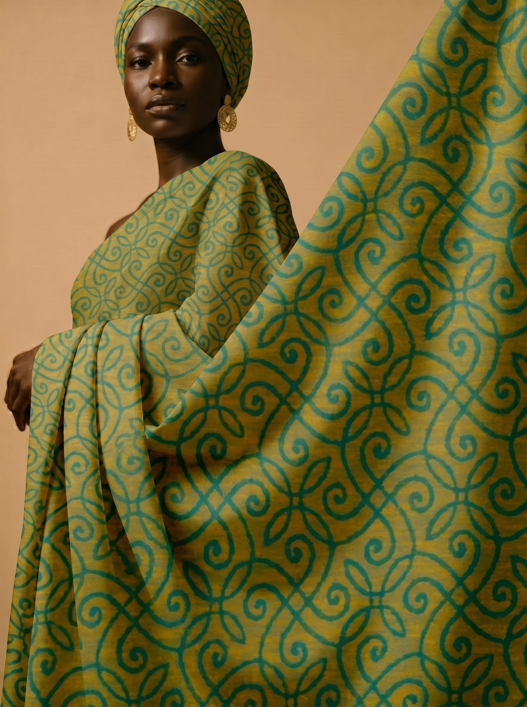 Full-width lime and teal ditsy floral fabric featuring high-density botanical motifs