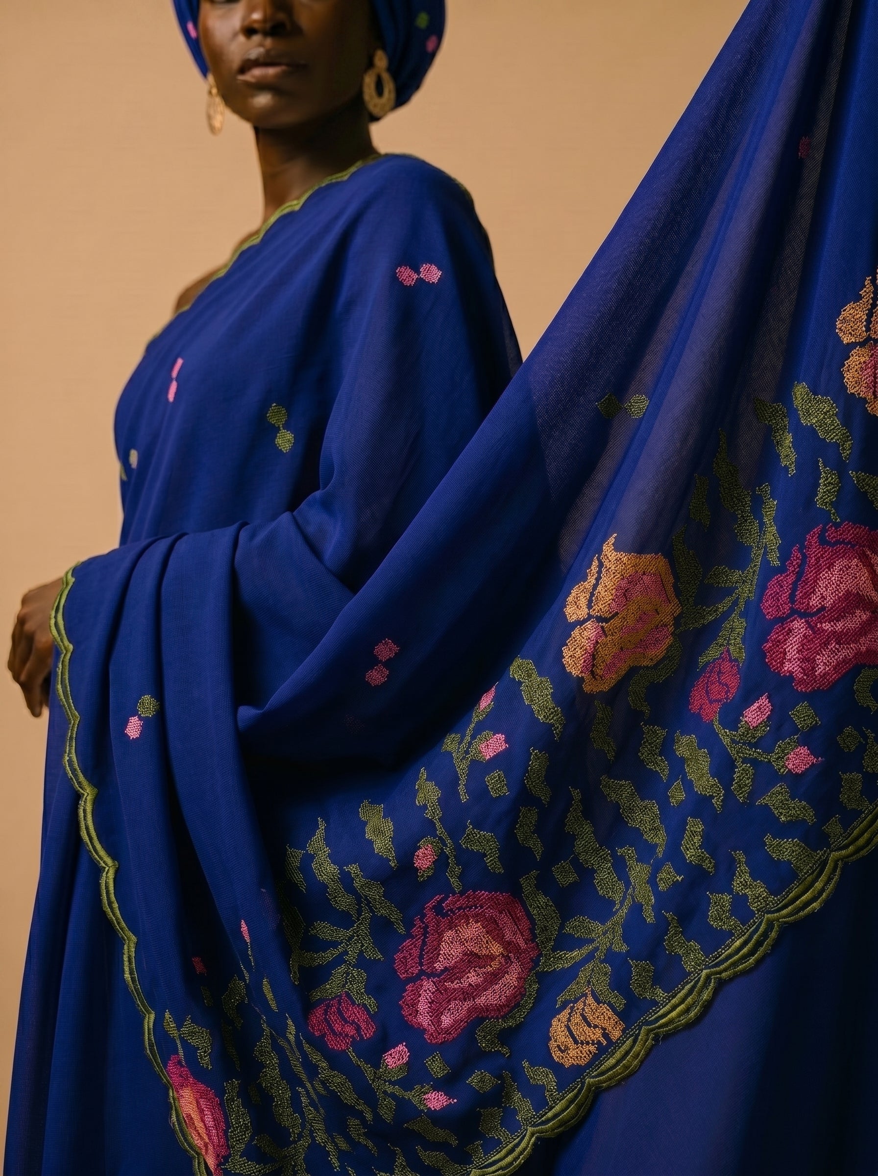 Royal blue threadwork fabric with classic detailing