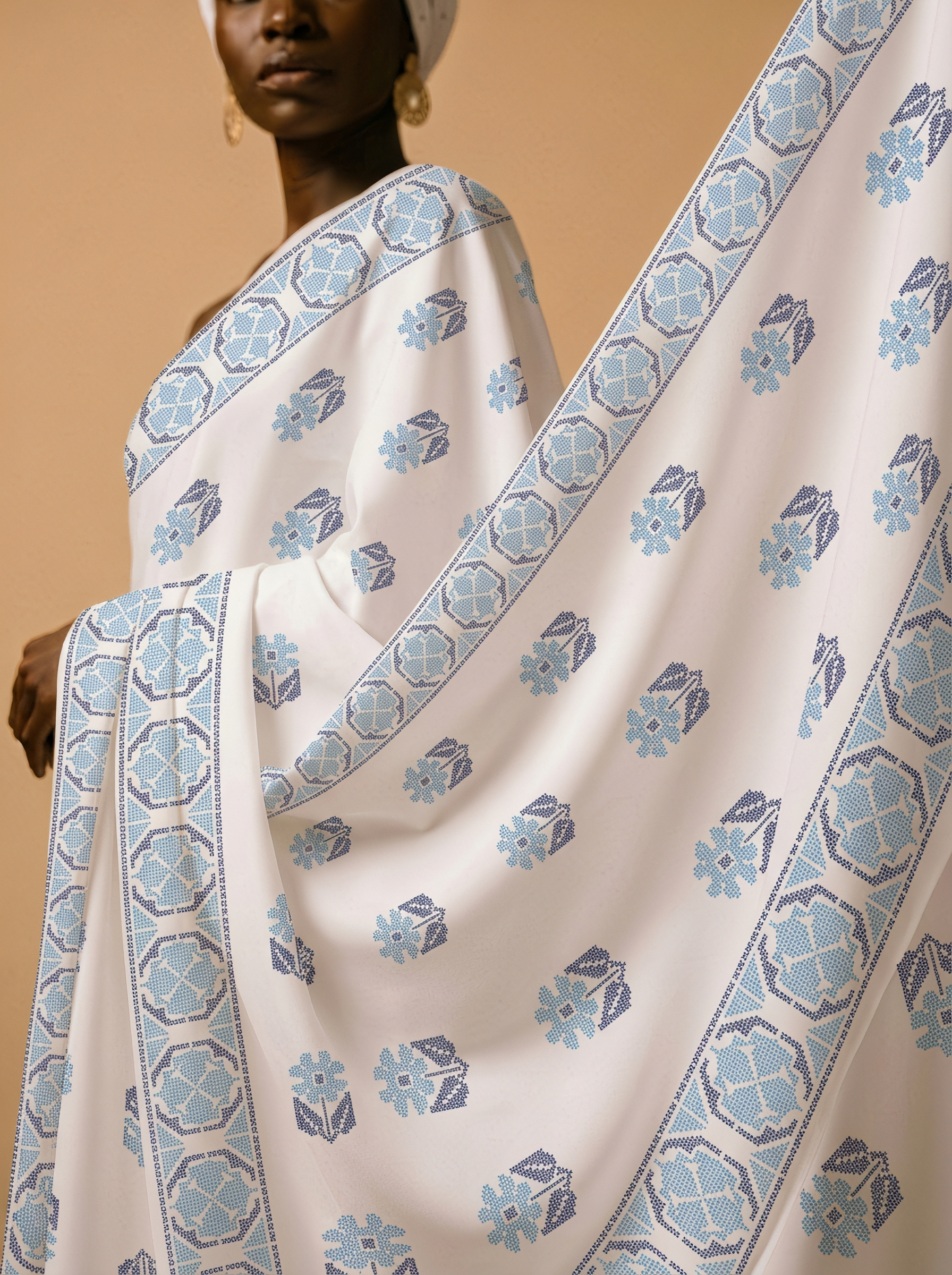 Serene blue prints on pure white