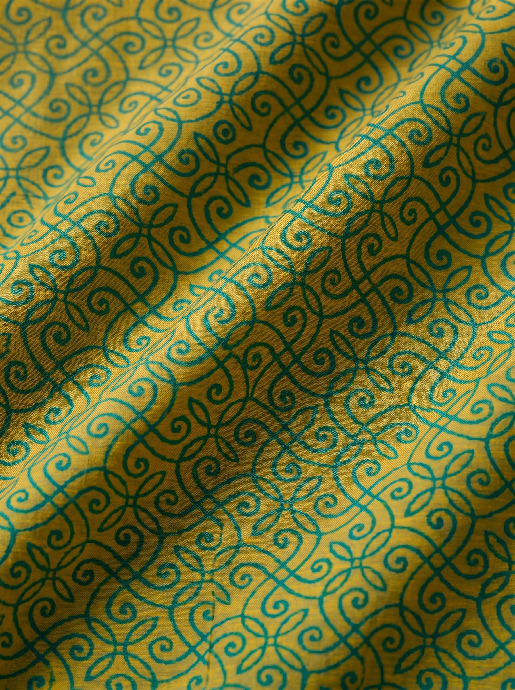 Full-width lime and teal ditsy floral fabric featuring high-density botanical motifs