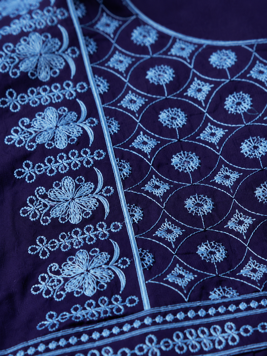 Classic butta embroidery on a rich midnight blue base