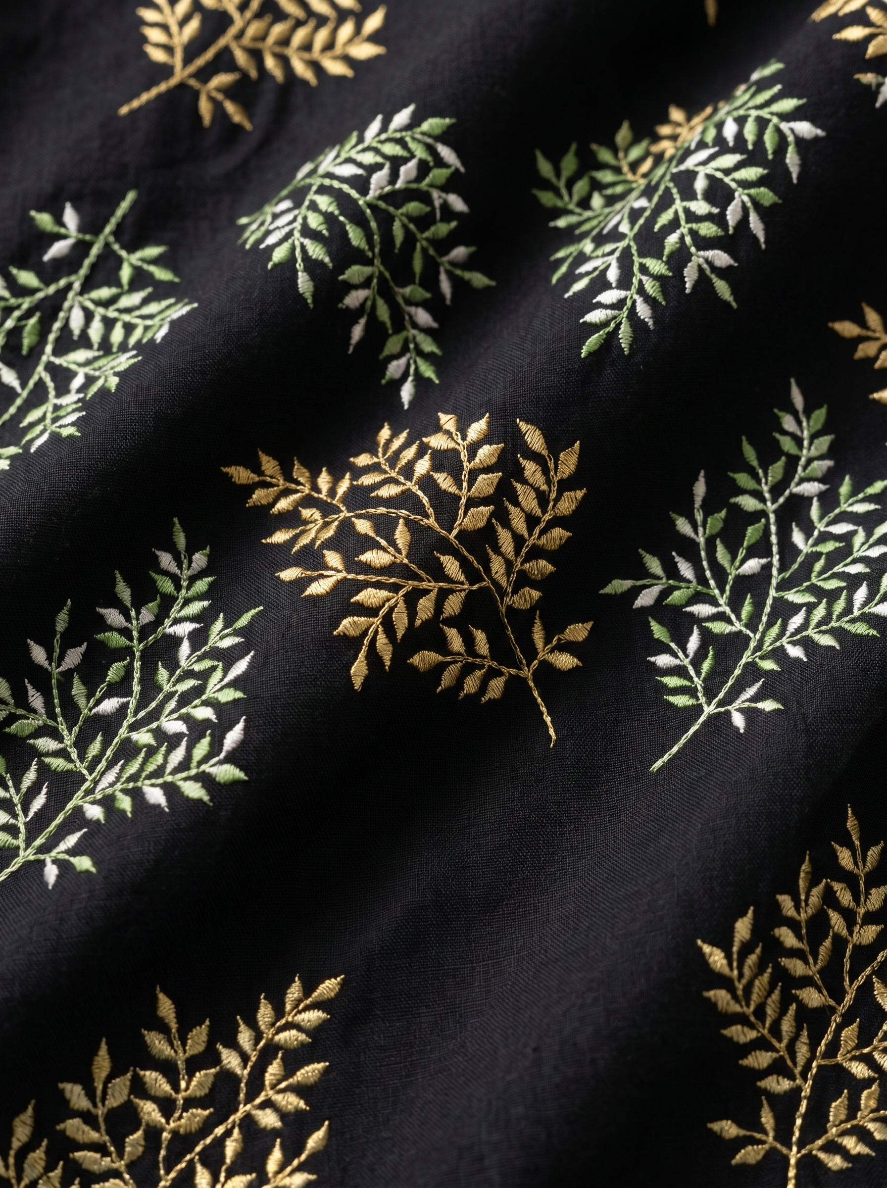 Soft leafy embroidery on deep black voile