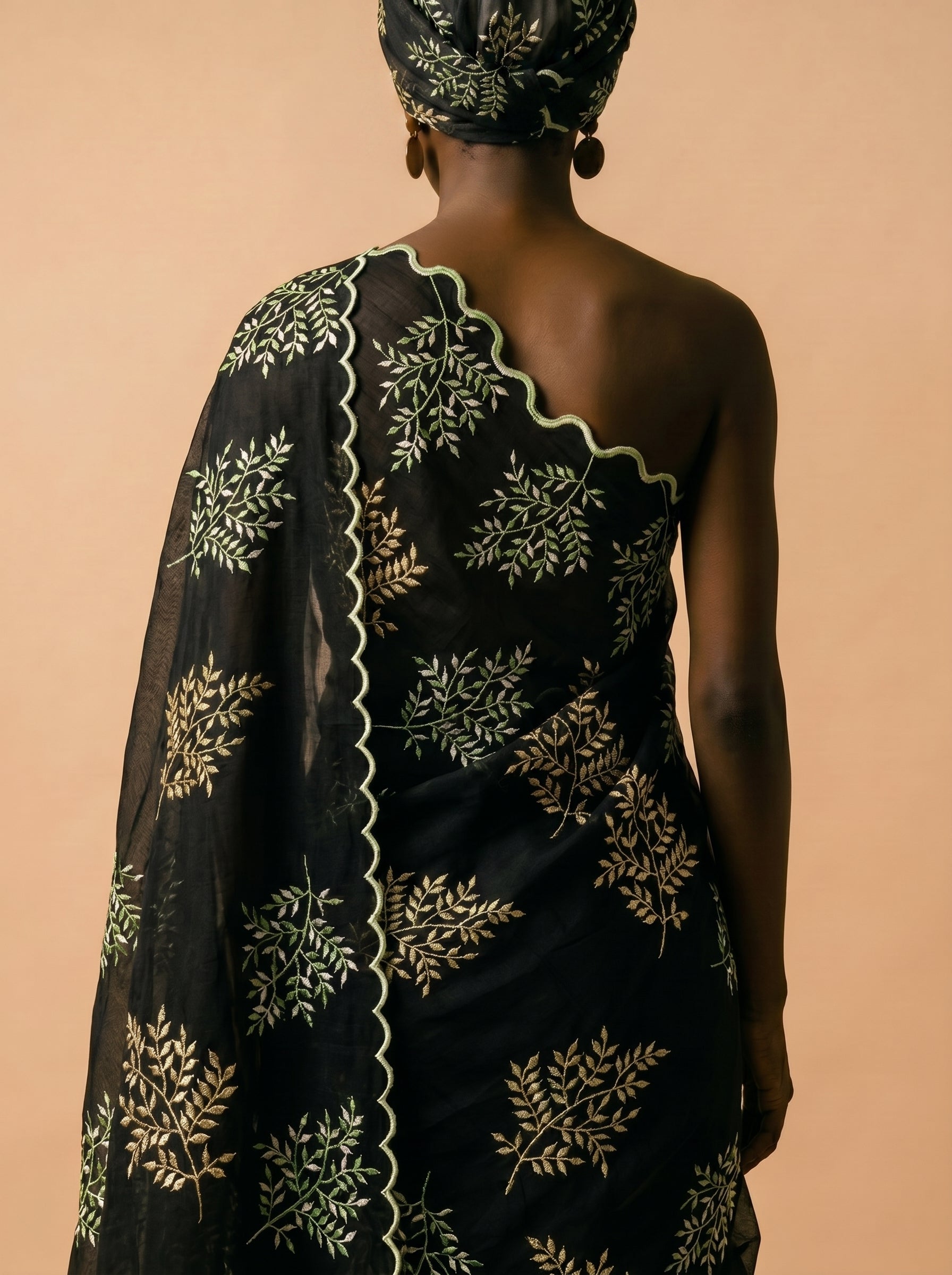 Soft leafy embroidery on deep black voile