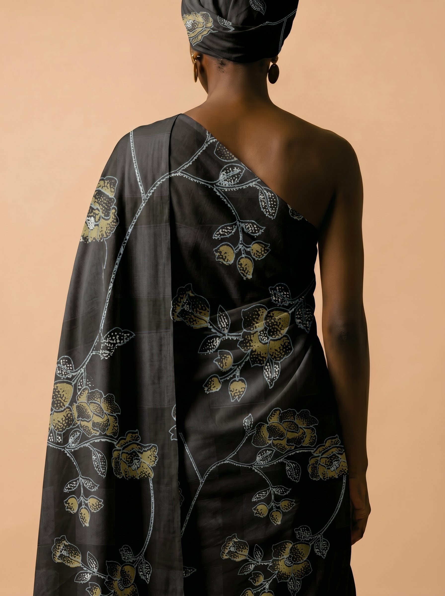 Golden forest florals on deep black Swiss voile