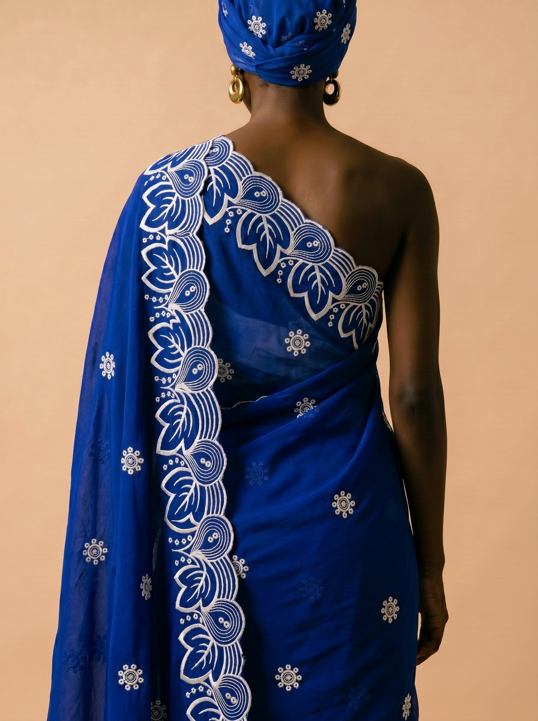 Classic butta embroidery on rich royal blue Swiss voile