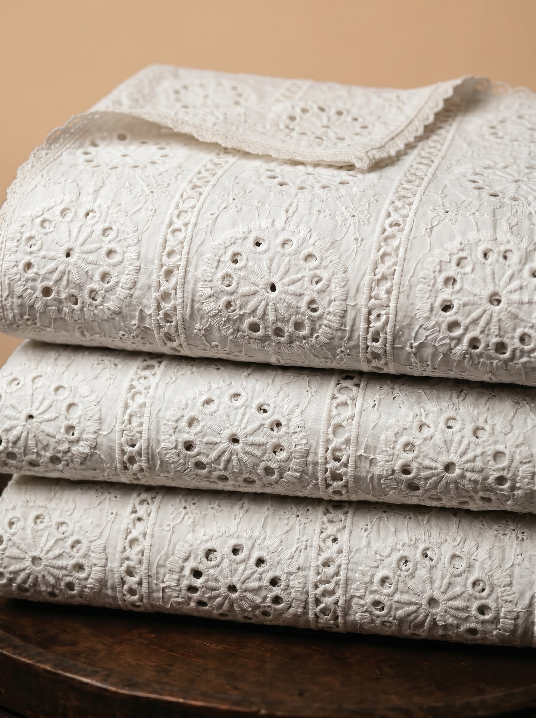 Premium 100% Cotton Chicken fabric featuring delicate cutwork embroidery and scalloped edges