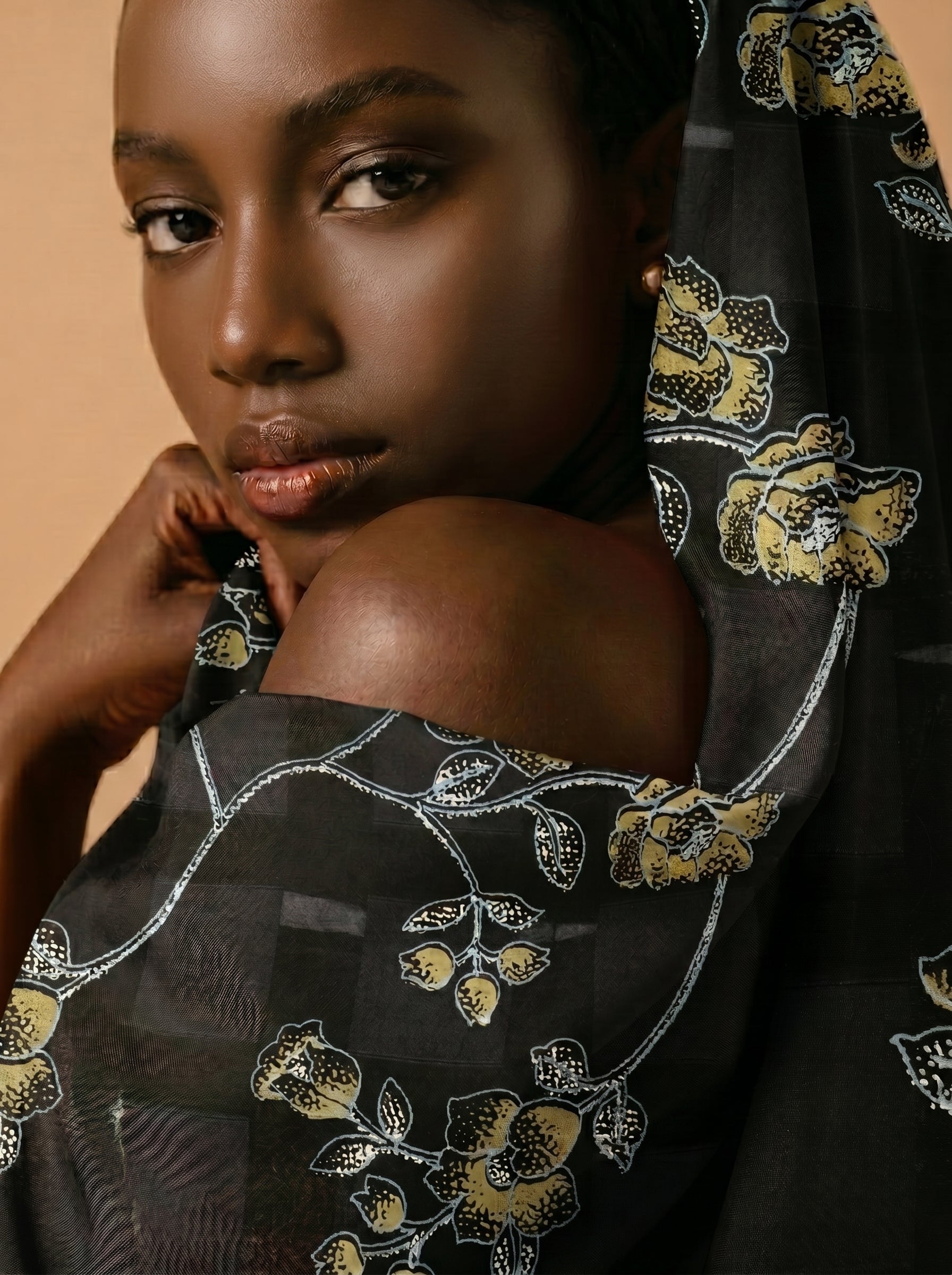 Golden forest florals on deep black Swiss voile