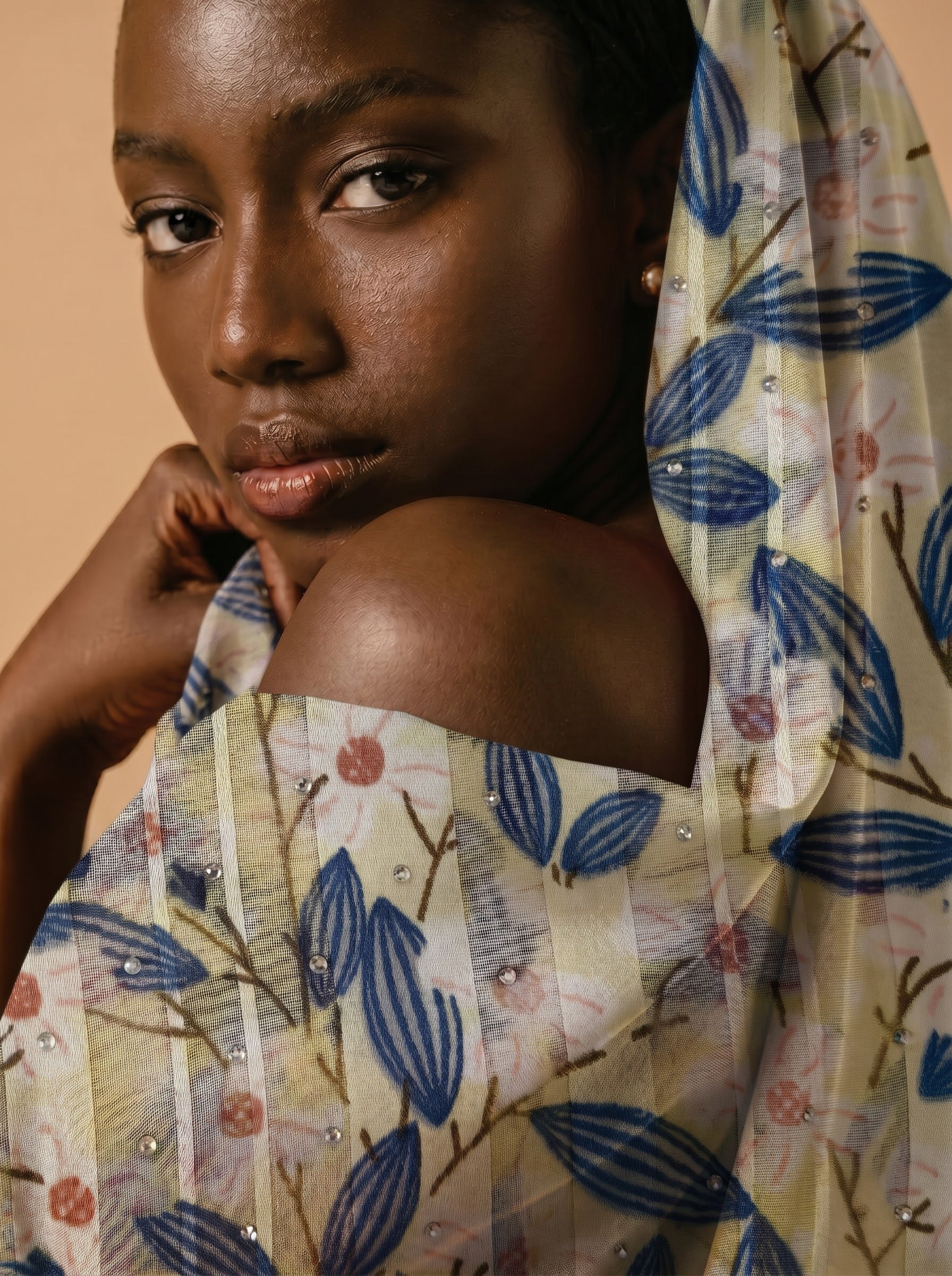 Muted floral-leaf print with soft elegance