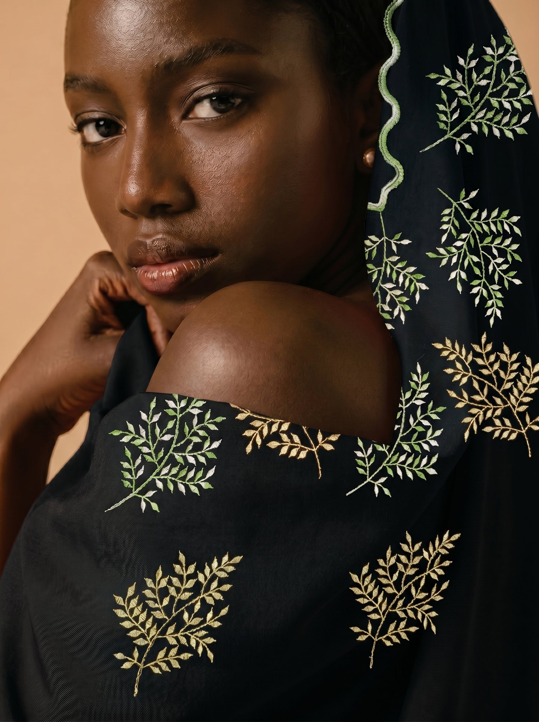Soft leafy embroidery on deep black voile
