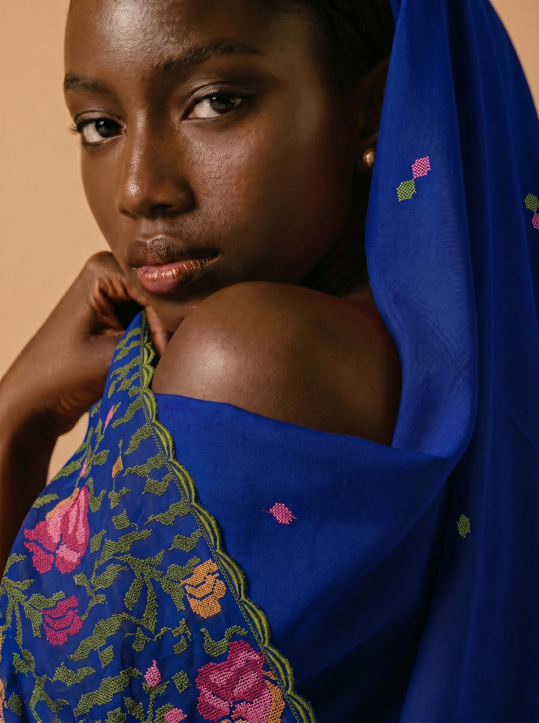 Royal blue threadwork fabric with classic detailing
