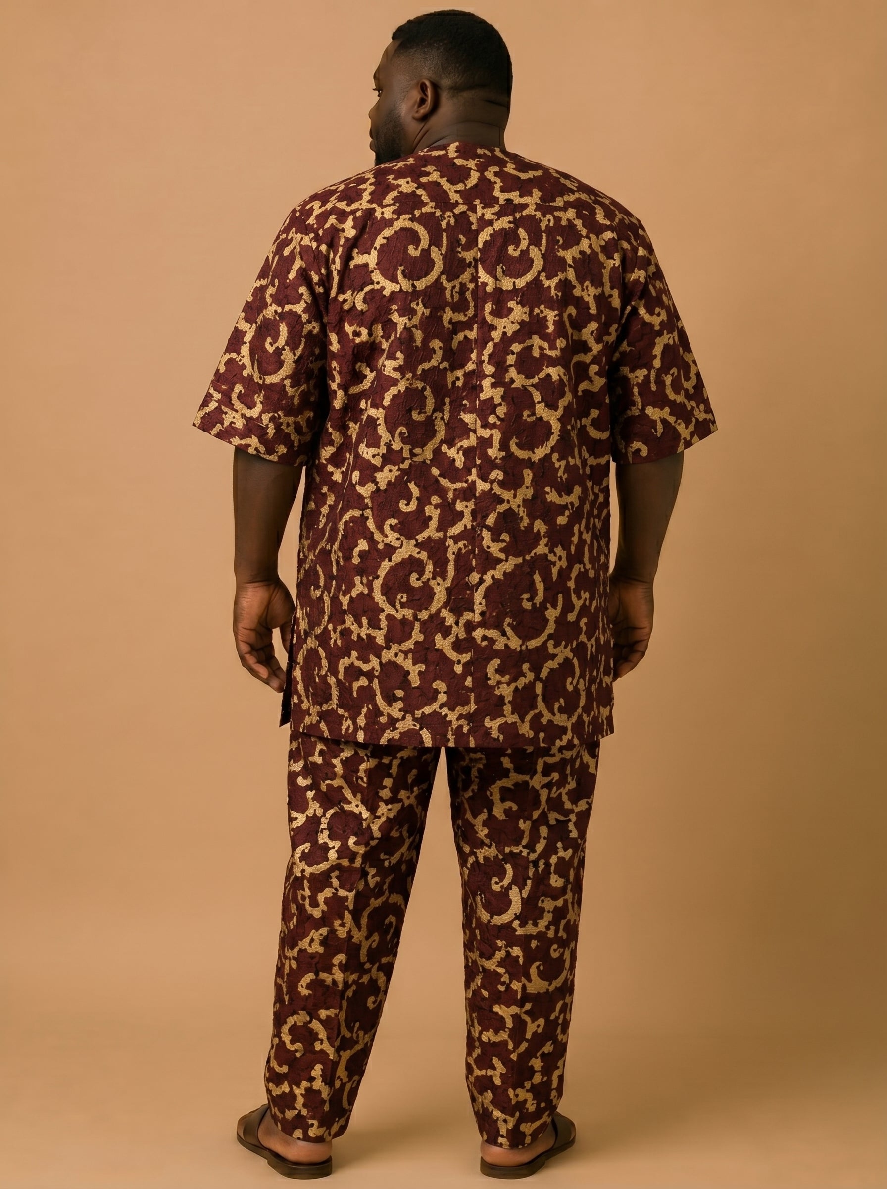 Earthy batik swirls on rich maroon